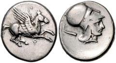 GREEK COINS GRIECHENLAND, KORINTH / Stadt Korinth, AR Stater (405-345 v.Chr.). Pegasos r. Rs.Athenakopf mit korinth. Helm r., Beiz. Aphlaston. 8,27g. Pegasi 246, BMC -, SNG Cop.-,