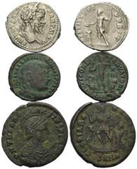 ROMAN COINS RÖMISCHES REICH, Septimius Severus, 193-211, AR Denar (200-201), Rom. Belorb. Büste r. Rs.Kaiser mit Speer opfert mit Patera über Altar. DAZU: Licinius I. AE Follis SMANT. Rs.Jupiter; Theo