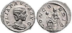 ROMAN COINS RÖMISCHES REICH, Julia Paula, Gemahlin des Elagabal, 219-220, AR Denar, Rom. Drap. Büste r. Rs.Sitz. Concordia mit Patera, i.F.Stern. 2,66g. RIC 211, Kampm.57.3, vz