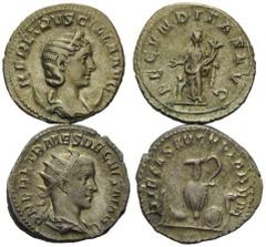 ROMAN COINS RÖMISCHES REICH, Herennia Etruscilla, Gemahlin des Trajan Decius, +251, AR Antoninian, Rom. Diad. Büste r. auf Mondsichel. Rs.Fecunditas mit Füllhorn hält Hand über Kind. 3,93g. DAZU: HERE