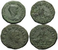 ROMAN COINS RÖMISCHES REICH, Hostilian als Caesar, 250-251, AE 26, AN XII =250, Moesia Superior, Stadt Viminacium. Büste r. Rs.Moesia zwischen Stier und Löwe (l.korr.). DAZU: HERENNIA ETRUSCILLA, AE 2