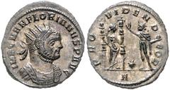 ROMAN COINS RÖMISCHES REICH, Florianus, 276, AE Antoninian, * A =Serdica. Büste r. mit Strahlenkrone. Rs.Providentia mit zwei Standarten steht gegenüber von Sol. 3,46g. RIC 110, Kampm.111.21,