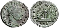 ROMAN COINS RÖMISCHES REICH, Maxentius, 306-312, AE Follis (310-311), REP =Rom. Belorb. Büste r. Rs.Kaiser auf Plattform, umgeben von Offizieren, hält Rede an Soldaten. 6,73g. RIC 242, Kampm.129.12,