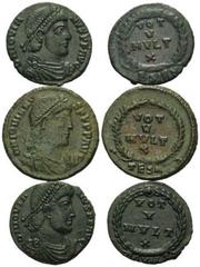 ROMAN COINS RÖMISCHES REICH, Jovian, 363-364, AE Centenionalis, BSIRM. Diad. und drap. Büste r. Rs.VOT V MVLT X im Kranz. (ss/vz). DAZU: gleiche TESA (ss); AQVILS (vz). Kampm.154.16, 3 Stk., ss bis vz