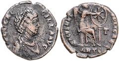 ROMAN COINS RÖMISCHES REICH, Aelia Flaccilla, Gemahlin des Theodosius I., +386, AE Maiorina, ANTE =Antiochia. Büste mit Perldiadem r. Rs.SALVS REI PVBLICAE, Victoria n.r. sitz., Schild mit Christogram