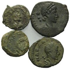 ROMAN COINS RÖMISCHES REICH, Theodosius II., 402-450, AE Centenionalis. Belorb. Büste r., dah.*. Rs.Theodosius I. und II. stehen nebeneinander. DAZU: AE 1/2 Cent. Rs.Monogramm; Marcian, AE Cent. Rs.La
