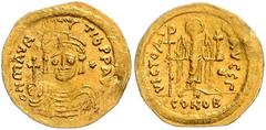 BYZANTINE COINS BYZANTINISCHES REICH, Mauricius Tiberius, 582-602, AV Solidus CONOB = Konstantinopel. Beh. Büste v.vorn mit Kreuzglobus und Schild, i.F. Stern. Rs.Engel mit Christogrammkreuz und Kreuz