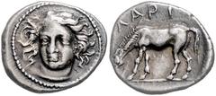 GREEK COINS GRIECHENLAND, THESSALIEN / Stadt Larissa, AR Drachme (395-344 v.Chr.). Kopf der Nymphe Larissa halblinks. Rs.Pferd grast links, oben LAPI. 5,84g. SNG Cop.127f., ss+