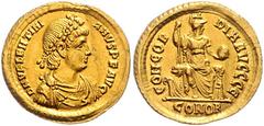 ROMAN COINS RÖMISCHES REICH, Valentinian II., 375-392, AV Solidus 375-382, Konstantinopel. Büste mit Perldiadem r. Rs.Concordia thronend v. vorn, Kopf r., mit Globus und Zepter. 4,46g. RIC 45b, GOLD, 