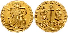 BYZANTINE COINS BYZANTINISCHES REICH, Constantin VII. und Romanos I., 920-944, AV Solidus, Konstantinopel. Thron. Christus. Rs.Romanus u. Constantin v.vorn, mittig Patriarchenkreuz. 4,53g. Sear 1745, 