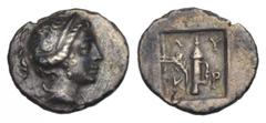 GREEK COINS KLEINASIEN, LYKIEN / Stadt Kragos, AR 1/4 Drachme (81 v.Chr bis Kaiserzeit). Artemiskopf r. Rs.Bogen und Köcher in Quadratum incusum, LY KP. 0,79g. BMC 19.52.15, ss+