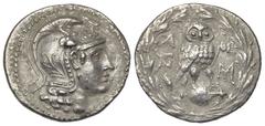GREEK COINS GRIECHENLAND, ATTIKA / Stadt Athen, AR Tetradrachme (2.Jh.v.Chr.) Neuer Stil. Athenakopf mit attischem Helm r. Rs.Eule auf geneigter Amphora, i.F. Monogramm. 16,28g. BMC 290; Thompson 5 ss