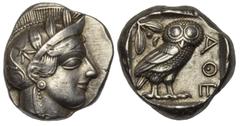GREEK COINS GRIECHENLAND, ATTIKA / Stadt Athen, AR Tetradrachme (449-404 v.Chr.). Kopf der Athena r. Rs.Eule mit Olivenzweig und Mondsichel im quadratum incusum. 17,18g. Kroll 8; HGC 4,1497 ss-vz