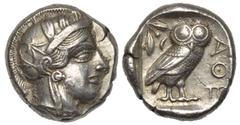 GREEK COINS GRIECHENLAND, ATTIKA / Stadt Athen, AR Tetradrachme (449-404 v.Chr.). Kopf der Athena r. Rs.Eule mit Olivenzweig und Mondsichel im quadratum incusum. 17,21g. Kroll 8; HGC 4,1497 ss-vz