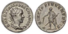 ROMAN COINS RÖMISCHES REICH, Herennius Etruscus als Caesar, 250-251, AR Antoninian, Rom. Drap. Büste mit Strahlenkrone r. Rs.Kaiser steht l., PRINCIPI IVVENTVTIS. 2,95g. RIC 147c; Kampm.81.9.2 ss+