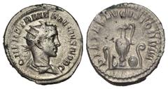 ROMAN COINS RÖMISCHES REICH, Herennius Etruscus als Caesar, 250-251, AR Antoninian, Rom. Drap. Büste mit Strahlenkrone r. Rs.Opfergeräte, PIETAS AVGVSTORVUM. 5,08g. RIC 143; Kampm.81.7 f.vz