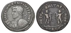 ROMAN COINS RÖMISCHES REICH, Maxentius, 306-312, AE Follis (307-312), Ostia. Belorb. Büste l. mit Speer und Schild. Rs.Dioskuren Castor und Pollux mit Sternendiadem mit Zepter und halten jeder Pferd a
