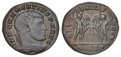 ROMAN COINS RÖMISCHES REICH, Maxentius, 306-312, AE Follis (309-312), MOSTP =Ostia. Belorb. Büste r. Rs.Dioskuren Castor und Pollux mit Sternendiademen lehnen an Zepter und halten jeder Pferd am Zügel