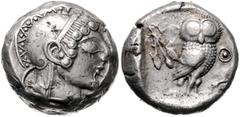 GREEK COINS GRIECHENLAND, ATTIKA / Stadt Athen, AR Tetradrachme (ca.594-527 v.Chr.). Kopf der Athena r. Rs.Eule mit Olivenzweig im quadratum incusum. 17,55g. BMC 11.1.4 ss+