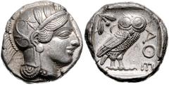 GREEK COINS GRIECHENLAND, ATTIKA / Stadt Athen, AR Tetradrachme (449-413 v.Chr.). Kopf der Athena r. Rs.Eule mit Olivenzweig und Mondsichel r. stehend, im quadratum incusum. 17,22g. BMC 11.8.62; SNG C