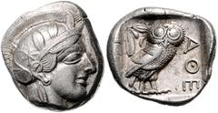 GREEK COINS GRIECHENLAND, ATTIKA / Stadt Athen, AR Tetradrachme (440-407 v.Chr.). Kopf der Athena r. Rs.Eule mit Olivenzweig und Mondsichel r. stehend, im quadratum incusum. 17,23g. SNG Cop.46ff vz