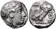 GREEK COINS GRIECHENLAND, ATTIKA / Stadt Athen, AR Tetradrachme (380-250 v.Chr.). Kopf der Athena. Rs.Eule mit Olivenzweig und Mondsichel im quadratum incusum. 17,12g. Sear 2526 ss+