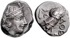GREEK COINS GRIECHENLAND, ATTIKA / Stadt Athen, AR Tetradrachme (380-250 v.Chr.). Kopf der Athena. Rs.Eule mit Olivenzweig und Mondsichel im quadratum incusum. 17,16g. Sear 2526 f.vz