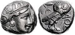 GREEK COINS GRIECHENLAND, ATTIKA / Stadt Athen, AR Tetradrachme (380-250 v.Chr.). Kopf der Athena. Rs.Eule mit Olivenzweig und Mondsichel im quadratum incusum. 17,02g. Sear 2526 vz