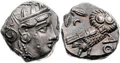 GREEK COINS GRIECHENLAND, ATTIKA / Stadt Athen, AR Tetradrachme (380-250 v.Chr.). Kopf der Athena. Rs.Eule mit Olivenzweig und Mondsichel im quadratum incusum. 17,18g. Sear 2526 vz