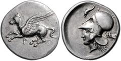 GREEK COINS GRIECHENLAND, KORINTH / Stadt Korinth, AR Stater (400-350 v.Chr.). Pegasos l. Rs.Athenakopf mit korinth. Helm r., Beiz. Delphin und Zikade. 8,45g. Sear 2626f f.vz
