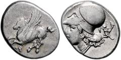 GREEK COINS GRIECHENLAND, KORINTH / Stadt Korinth, AR Stater (338-300 v.Chr.). Pegasos l. Rs.Athenakopf mit korinth. Helm l., Beiz. Artemis r. laufend mit Fackel. 8,53g. BMC 12.34.317; SNG Cop.- f.vz/