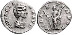 ROMAN COINS RÖMISCHES REICH, Didia Clara, Tochter des Didius Julianus, 193, AR Denar, Rom. Drap. Büste r. Rs.Hilaritas steht l. mit Palmzweig und Füllhorn. 3,21g. RIC 10 selten,