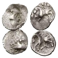 GREEK COINS KELTEN, VINDELICI, Südliches Germanien, AR 1/4 Quinar. Kl. Kopf l. mit gescheitelter Haarkalotte und Scheitelpunkt. Rs.Pferd l., oben 4 Punkte , unten kein Winkelspitz. 0,36g. DAZU: AR 1/4