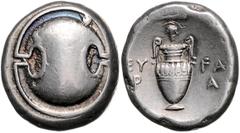 GREEK COINS GRIECHENLAND, BOEOTIEN / Stadt Thebes (Theben), AR Stater (378-368 v.Chr.). Boeotischer Schild. Rs.Volutenkrater zw. EY-FA, P-A. 12,25g. Nach gewonnenem Krieg gegen Sparta 371 v.Chr. war T