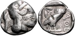 GREEK COINS GRIECHENLAND, ATTIKA / Stadt Athen, AR Tetradrachme (ca.425-404 v.Chr.). Kopf der Athena. Rs.Eule mit Olivenzweig u. Mondsichel im Quadratum Incusum. 16,30g. Mit Ggst. Pentagramm, vielleic