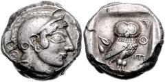 GREEK COINS GRIECHENLAND, ATTIKA / Stadt Athen, AR Tetradrachme (490-482 v.Chr.). Kopf der Athena r., dah. Rad. Rs.Eule r., Olivenzweig mit zwei Blättern im Quadratum Incusum. 17,04g. BMC 11.2.16; vgl