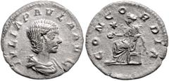 ROMAN COINS RÖMISCHES REICH, Julia Paula, Gemahlin des Elagabal, 219-220, AR Denar, Rom. Drap. Büste r. Rs.Sitz. Concordia mit Patera, i.F.Stern. 1,98g. RIC 211 zapp., ss+