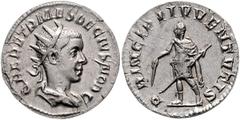 ROMAN COINS RÖMISCHES REICH, Herennius Etruscus als Caesar, 250-251, AR Antoninian, Rom. Drap. Büste mit Strahlenkrone n.r. Rs.Kaiser n.l. stehend, PRINCIPI IVVENTVTIS. 2,95g. RIC 147c; Kampm.81.9.2 s