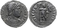 ROMAN COINS RÖMISCHES REICH, Valentinian I., 364-378, AE 1/2 Centenionalis. Diad., gep. u. drap. Büste r. Rs.Kaiser mit Standarte und Victoria auf Globus frontal stehend, Kopf n.r., RESTITUTOR REI P. 