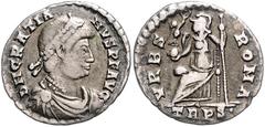 ROMAN COINS RÖMISCHES REICH, Gratian, 367-383, AR Siliqua, TRPS= Trier. Diad. Brb. r. Rs.Roma mit Viktoria und Zepter l. thronend. 1,79g. RIC 27f; 45c
