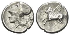 GREEK COINS GRIECHENLAND, KORINTH / Stadt Korinth, AR Stater (345/307). Pegasos l. Rs.Athenakopf mit korinth. Helm r., dahinter Helioskopf. 8,24g selten,
