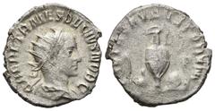 ROMAN COINS RÖMISCHES REICH, Herennius Etruscus als Caesar, 250-251, AR Antoninian, Rom. Drap. Büste mit Strahlenkrone r. Rs.Opfergeräte, PIETAS AVGVSTORVUM. 3,41g RIC 143; C.14; Kampm.81.7 müder Rs.-