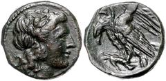 GREEK COINS ITALIEN, SIZILIEN / Stadt Akragas, AE 19 (279-241 v.Chr.). Belorb. Kopf des Apollo r. Rs.2 Adler gestaffelt stehen l., einen Hasen gepackt. 5,65g. SNG Münch.185 vz