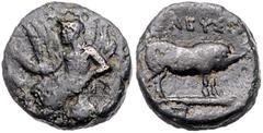 GREEK COINS GRIECHENLAND, ATTIKA / Stadt Athen, AE 15, Eleusis. Sitzender Triptolemos im Schlangenwagen hält Kornähren. Rs.Schwein auf Kultstab. 2,91g. SNG Cop. 414ff. selten, f.