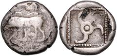 GREEK COINS KLEINASIEN, LYKIEN. Dynasten (500-460 v.Chr.), AR 1/2 Stater (5.Jh.v.Chr.). Eber l. Rs.Triskeles im incusen Perlviereck. 5,64g. BMC 19.7.35; Var. s/