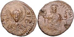 BYZANTINE COINS BYZANTINISCHES REICH, Romanos III. Argyrus, 1028-1034, Bleisiegel nach dem Vorbild anonymer Follis. Büste des Christus v. vorne. Rs.Kaiser mit Zepter und Kreuz auf Globus. 11,72g; 26mm