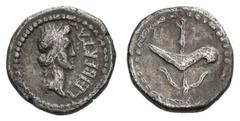 ROMAN COINS RÖMISCHE REPUBLIK, M. Junius Brutus, 54 v.Chr., AR Quinar, M. Iunius Brutus und L. Pedanius Costa (43-42 v.Chr.). Diad. Libertaskopf r. Rs.Prora und Anker. 1,88g. Craw. 506/3 ss+