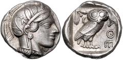 GREEK COINS GRIECHENLAND, ATTIKA / Stadt Athen, AR Tetradrachme (um 430 v.Chr.). Kopf der Athena. Rs.Eule mit Olivenzweig und Mondsichel im quadratum incusum. 17,20g. Sear 2526; BMC 11.8.62 prägefr. P