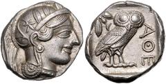 GREEK COINS GRIECHENLAND, ATTIKA / Stadt Athen, AR Tetradrachme (um 430 v.Chr.). Kopf der Athena. Rs.Eule mit Olivenzweig und Mondsichel im quadratum incusum. 17,23g. Sear 2526; BMC 11.8.62 prägefr. P