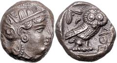 GREEK COINS GRIECHENLAND, ATTIKA / Stadt Athen, AR Tetradrachme (393-300 v.Chr.). Kopf der Athena. Rs.Eule mit Olivenzweig und Mondsichel im quadratum incusum. 17,02g. Sear 2537; BMC 11.13.132ff.; SNG